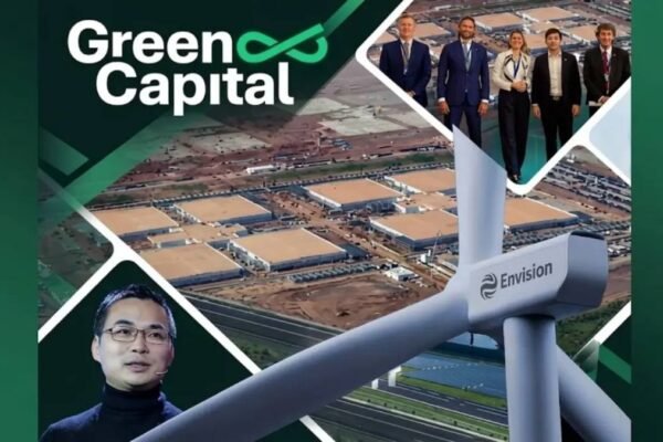 Collage con los logos de Envision Energy y Green Capital y una vista del proyecto de datacenter en Chubut