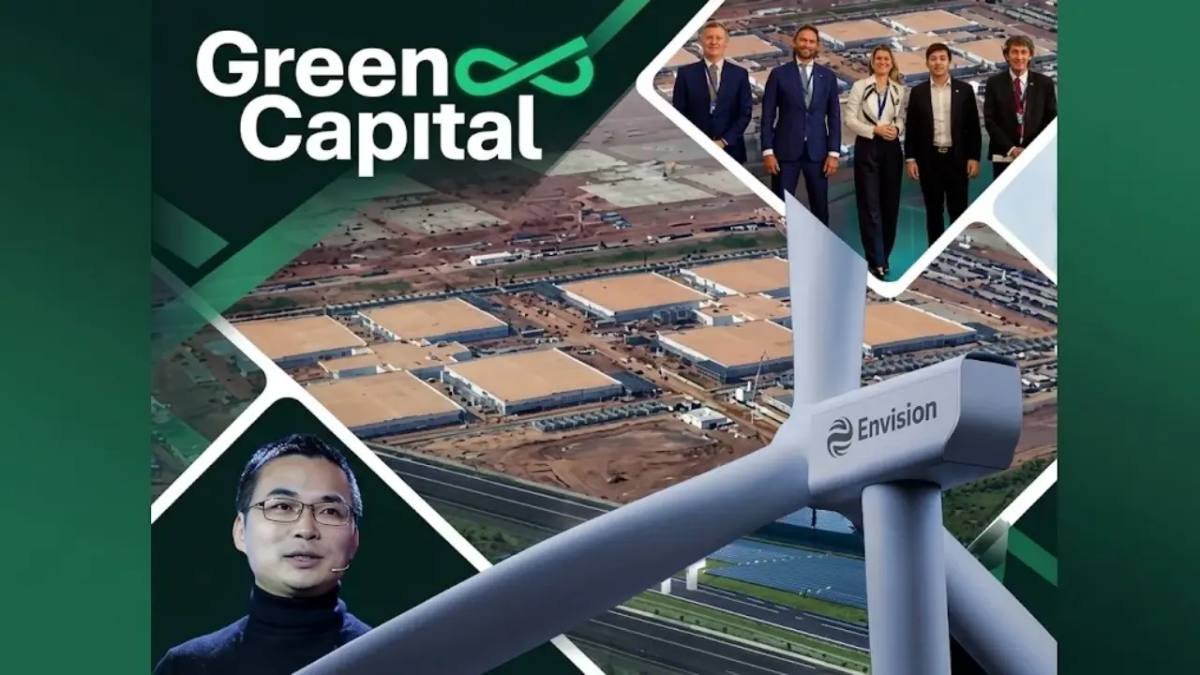 Collage con los logos de Envision Energy y Green Capital y una vista del proyecto de datacenter en Chubut